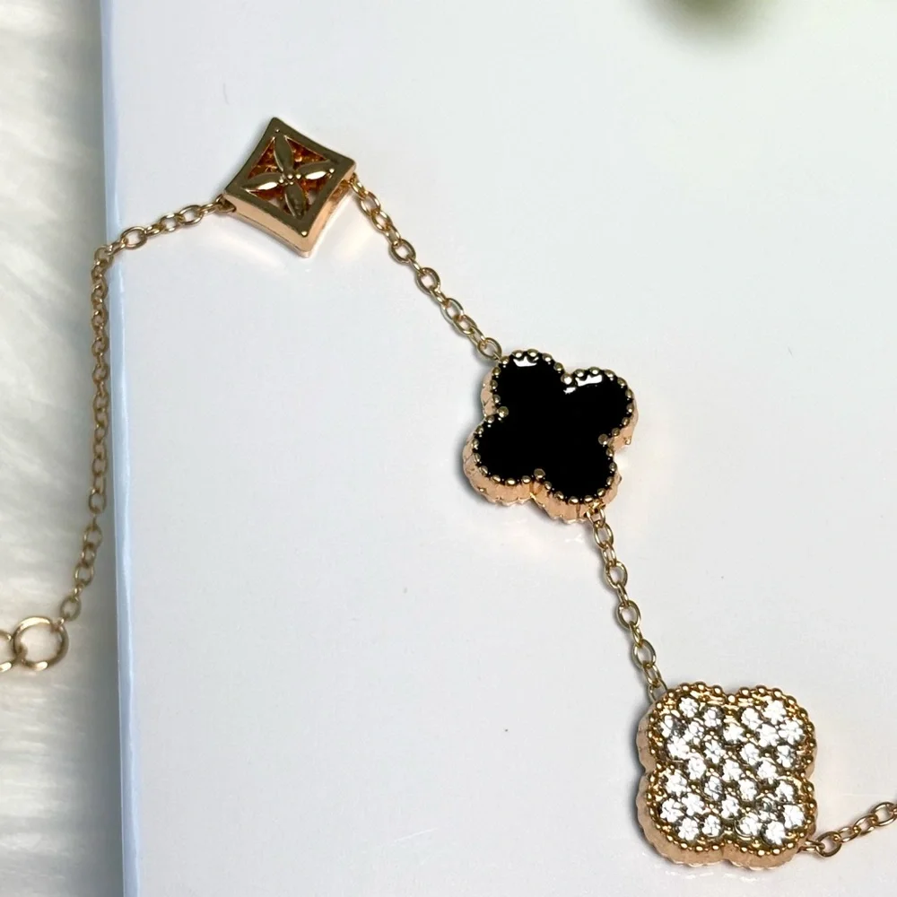 Gold Plated Black Clover Bracelet With Cluster Stones - Picture 6 of 8